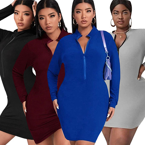 Solid Long Sleeve Zip Up O Neck Casual Dress