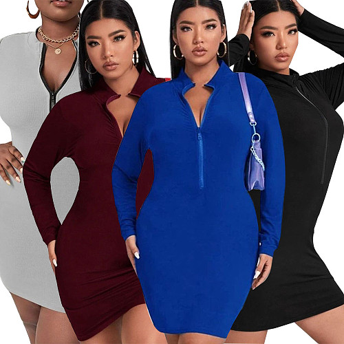 Solid Long Sleeve Zip Up O Neck Casual Dress