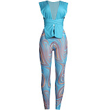 Knitted Bandage Tops Printed Leggings Set