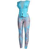 Knitted Bandage Tops Printed Leggings Set