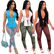 Knitted Bandage Tops Printed Leggings Set