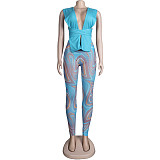 Knitted Bandage Tops Printed Leggings Set