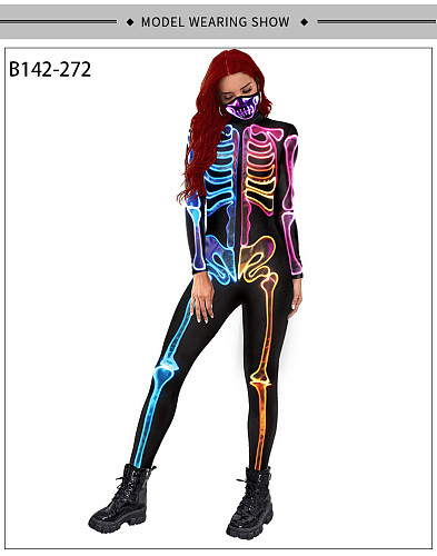 Halloween Color Skeleton Print Bodycon Jumpsuit