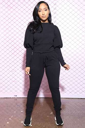 Solid Lantern Sleeve Shirt Top Lace Up Pants Set