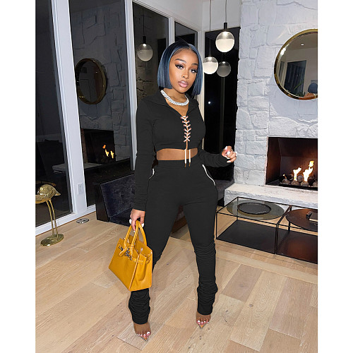 Cross Bandage Hooded Crop Top+Sweatpants Set