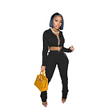 Cross Bandage Hooded Crop Top+Sweatpants Set