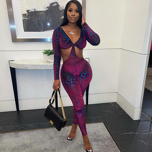 Hollow Out Deep V Neck Bodycon Jumpsuit
