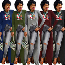 Christmas Print Long Sleeve Irregular Long Top