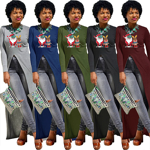 Christmas Print Long Sleeve Irregular Long Top