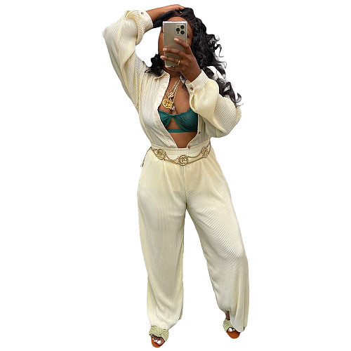 Ribbed Long Sleeve Shirt Top Wide Leg Pants Set