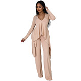 V Neck Irregular Top Straight-leg Pants Set