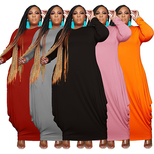 Solid Long Sleeve O Neck Irregular Maxi Dress