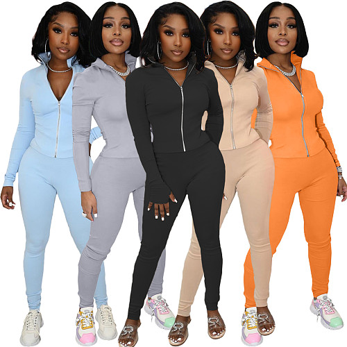 Solid Long Sleeve Zip Top Fitness Pants Set