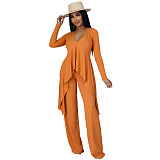 V Neck Irregular Top Straight-leg Pants Set
