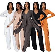 V Neck Irregular Top Straight-leg Pants Set