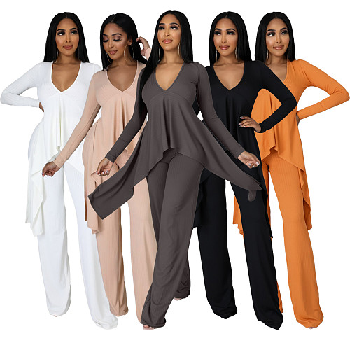 V Neck Irregular Top Straight-leg Pants Set