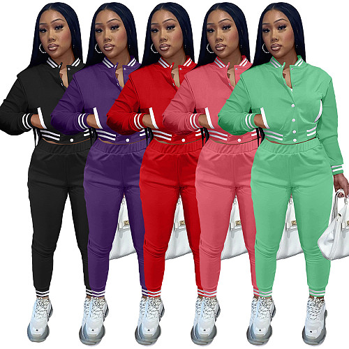 Solid Baseball Jacket And Pants Set