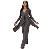 V Neck Irregular Top Straight-leg Pants Set