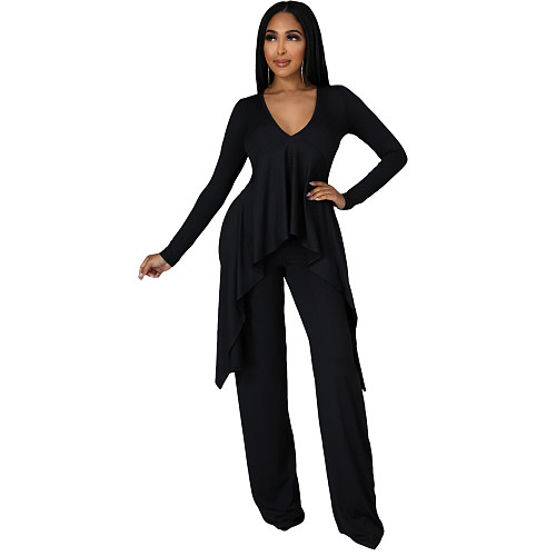 V Neck Irregular Top Straight-leg Pants Set