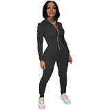 Solid Long Sleeve Zip Top Fitness Pants Set