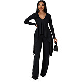 V Neck Irregular Top Straight-leg Pants Set