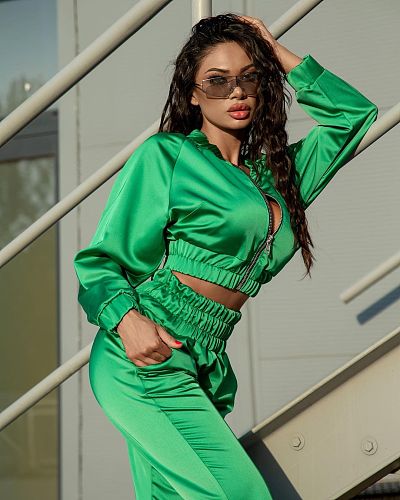Solid Zipper Jacket Top Pencil Pants Set HM-6529