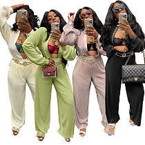 Ribbed Long Sleeve Shirt Top Wide Leg Pants Set