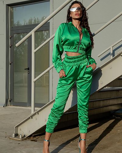 Solid Zipper Jacket Top Pencil Pants Set HM-6529