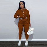 Solid Baseball Jacket Sporty Pants Set