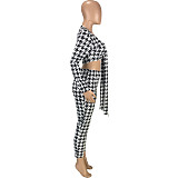 Houndstooth Print Bandage Crop Top Pants Set