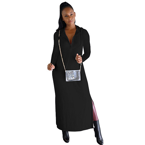 Solid Long Sleeve Back Hole Hooded Dress