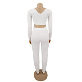 Solid V Neck Crop Top Lace Up Pants Set
