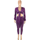 Houndstooth Print Bandage Crop Top Pants Set