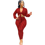 Houndstooth Print Bandage Crop Top Pants Set