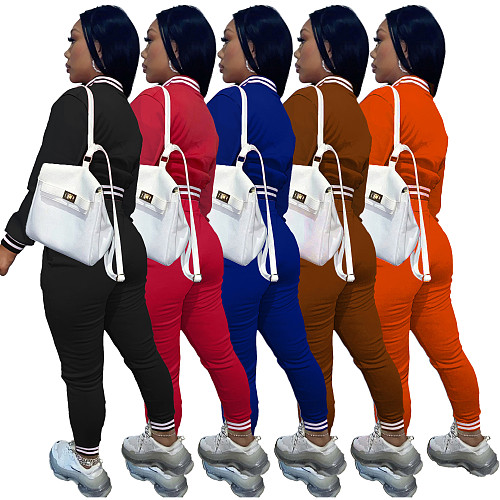 Solid Baseball Jacket Sporty Pants Set