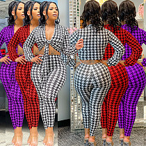 Houndstooth Print Bandage Crop Top Pants Set