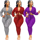 Houndstooth Print Bandage Crop Top Pants Set