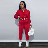 Solid Baseball Jacket Sporty Pants Set