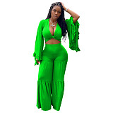 Solid Low Cut Crop Top Wide Leg Pants Set