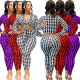 Houndstooth Print Bandage Crop Top Pants Set