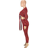 Houndstooth Print Bandage Crop Top Pants Set