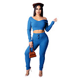 Solid V Neck Crop Top Lace Up Pants Set
