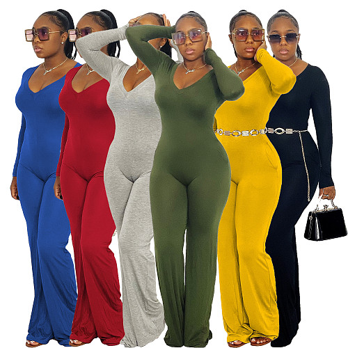 V Neck Long Sleeve High Waist One Piece Jumpsuit