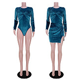 Velvet Knotted Long Sleeve Bodysuit+Skirt Set