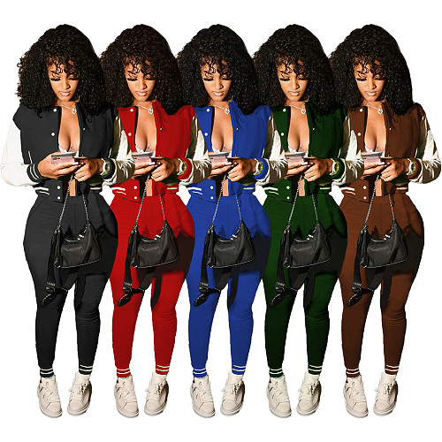 Patchwork Baseball Jacket Slim Pants Set