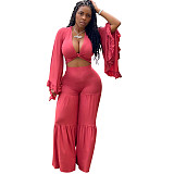 Solid Low Cut Crop Top Wide Leg Pants Set