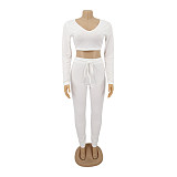 Solid V Neck Crop Top Lace Up Pants Set