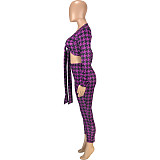 Houndstooth Print Bandage Crop Top Pants Set