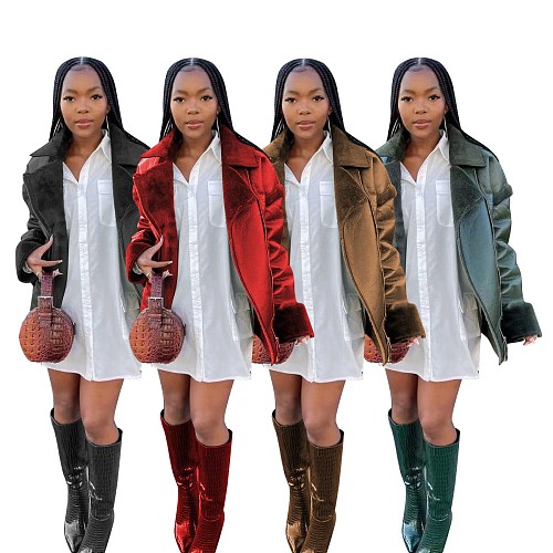 Lapel Long Sleeve Leather Cotton Coat