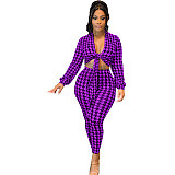 Houndstooth Print Bandage Crop Top Pants Set